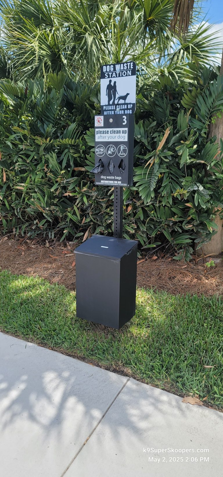 Pet waste station solar lighting and sign example