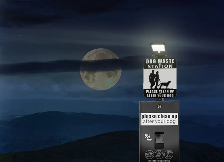 Solar powered LED light for commercial dog waste station